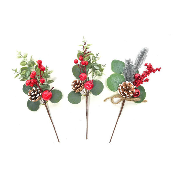 Pick natalizi con bacche rosse, pigne e foglie verdi da 32 cm in tre modelli assortiti