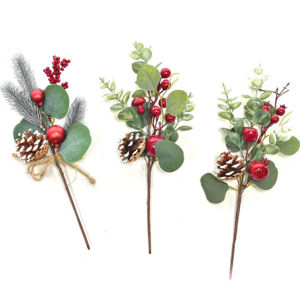 Pick natalizi con bacche rosse bordeaux, pigne e foglie verdi altezza 32 cm in tre modelli assortiti