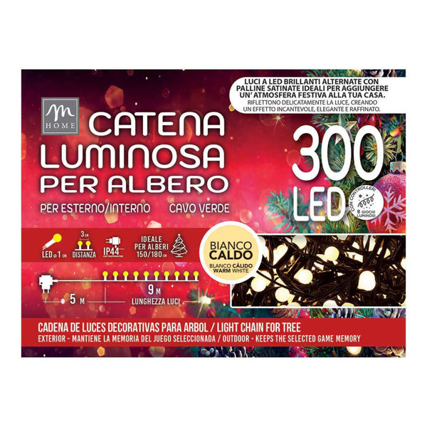 Catena luminosa natalizia 300 LED microsatinati bianco caldo 9 metri IP44 con 8 giochi di luce