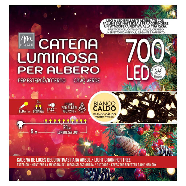 Catena luminosa natalizia 700 LED microsatinati bianco caldo 21 metri IP44 con 8 giochi di luce