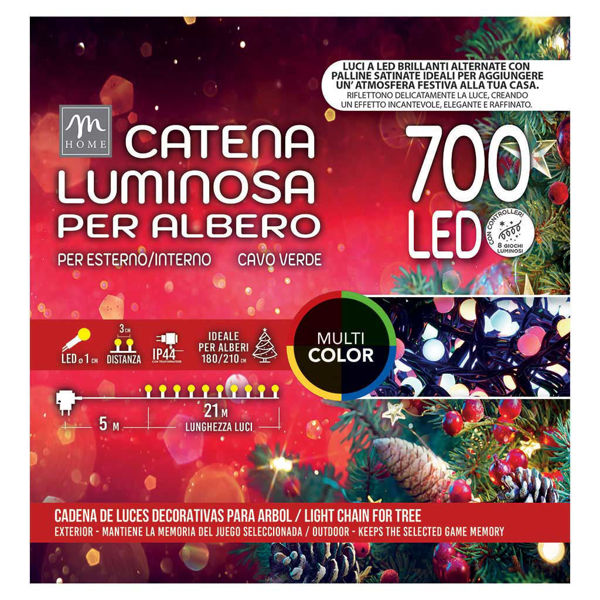 Catena luminosa natalizia 700 LED microsatinati multicolore 21 metri IP44 con 8 giochi di luce