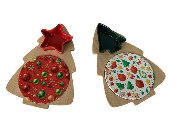 Tagliere natalizio in bambù a forma di albero di Natale 20x26 cm con piattino e ciotolina in ceramica, due modelli assortiti