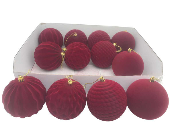 Immagine di Palle natalizie velluto bordeaux 10 cm assortite