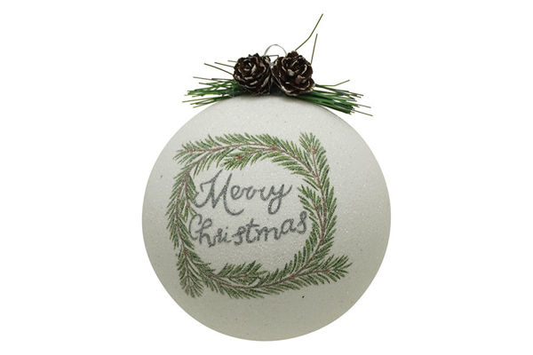 Immagine di Pallina di Natale in vetro bianca con decori verdi Merry Christmas Ø10 cm