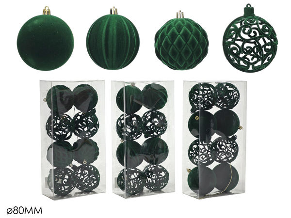 Immagine di Set 8 Palline di Natale Verde Scuro Effetto Velluto Assortite