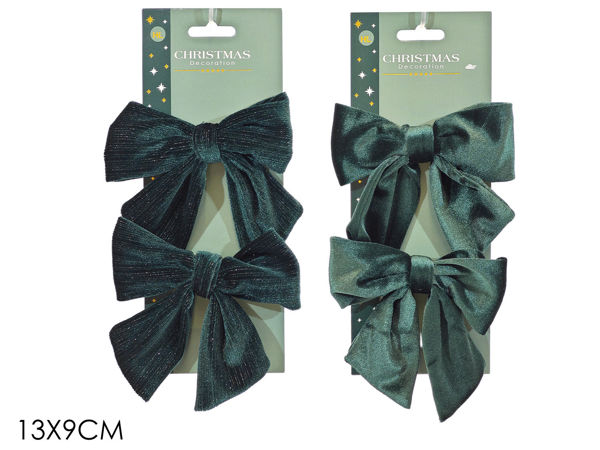 Immagine di Set 2 Fiocchi Natalizi Verdi 13x9 cm Modelli Assortiti